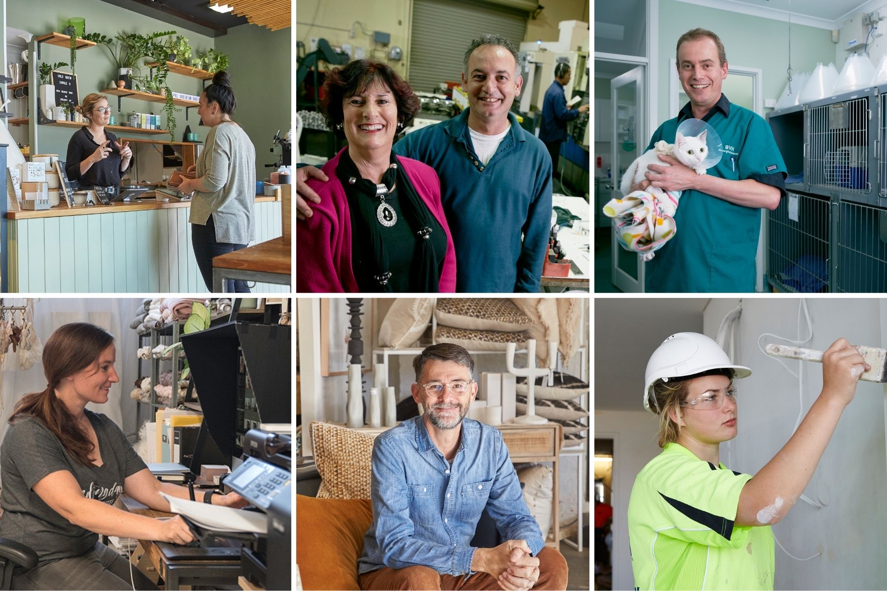 A photo montage showing a range of different business owners including a cafe, factory, vet, photographer, retail store owner and house painter.