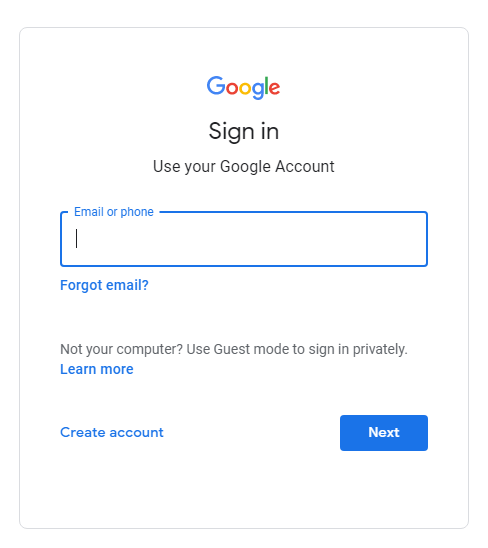 A screen shot showing the Google Account sign in screen.
