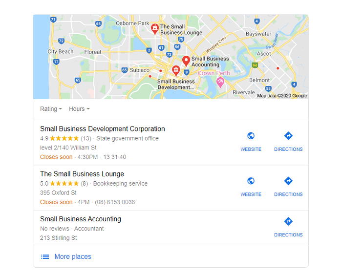 A screen shot showing the local pack results for a Google search for 'small business'.