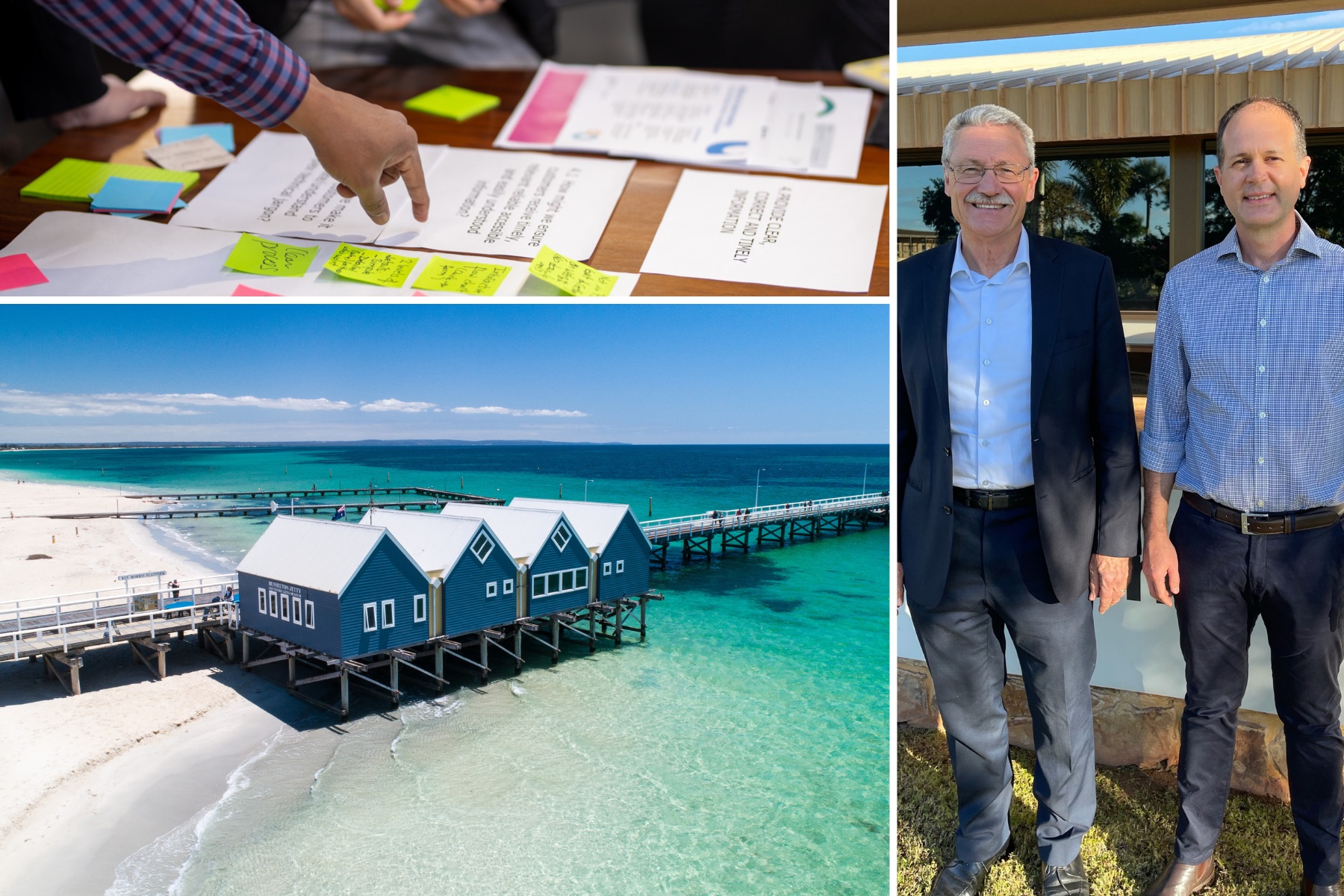 Photo montage showing the Busselton Jetty, the approvals mapping process at City of Armadale and City of Karratha Mayor, Cr Peter Long, with SBDC board member Grant Cucel.