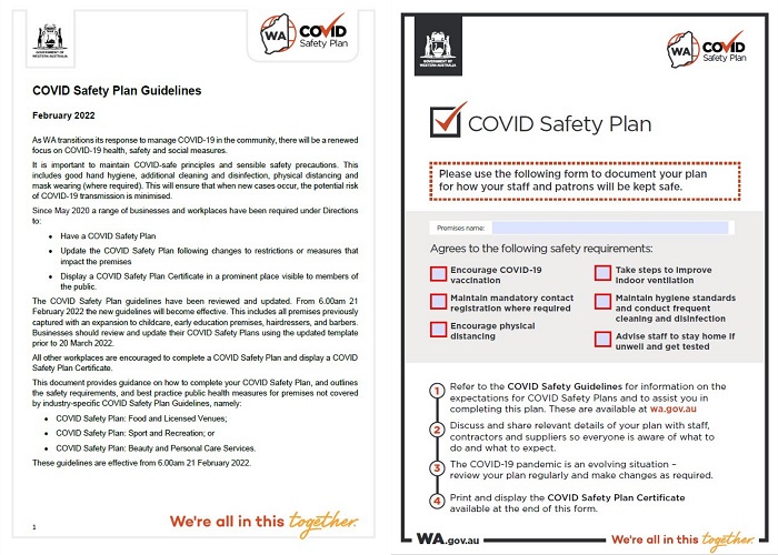 Screen shots of the COVID-19 Safety Plan template and guidelines from the WA.gov.au website.