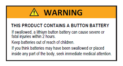 An graphic showing an example of a warning label for a product containing button batteries.