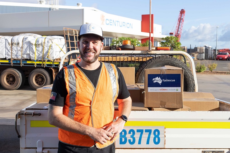 Chris Schmid carrying out a Covid relief delivery to Woollahra's Indigenous Community Partners in Karratha, with the support of Fortescue Metals Group.