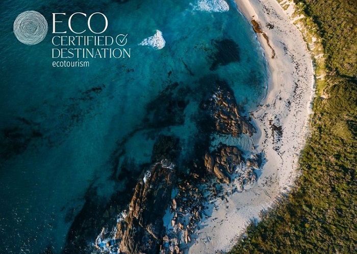 Photo of the coast line with the text 'Eco Certified Destination ecotourism' written on it.
