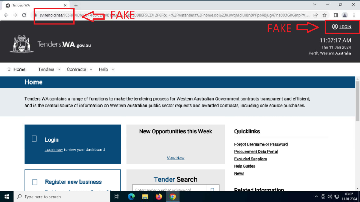 An example of a fake website set up by scammers to replicate the State Government's Tenders WA website.