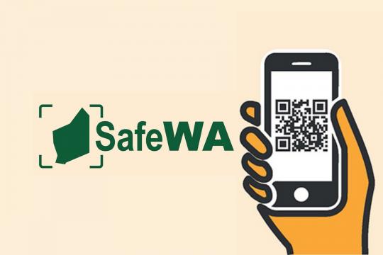 The SafeWA app logo and a graphic of a hand holding a smart phone displaying a QR code.